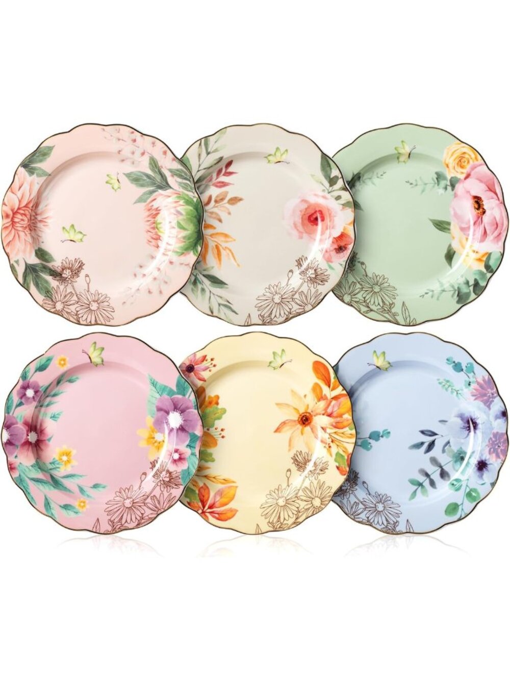Set of 6 Floral Porcelain Plates - Elegant 8-Inch Dinnerware for Home Decor